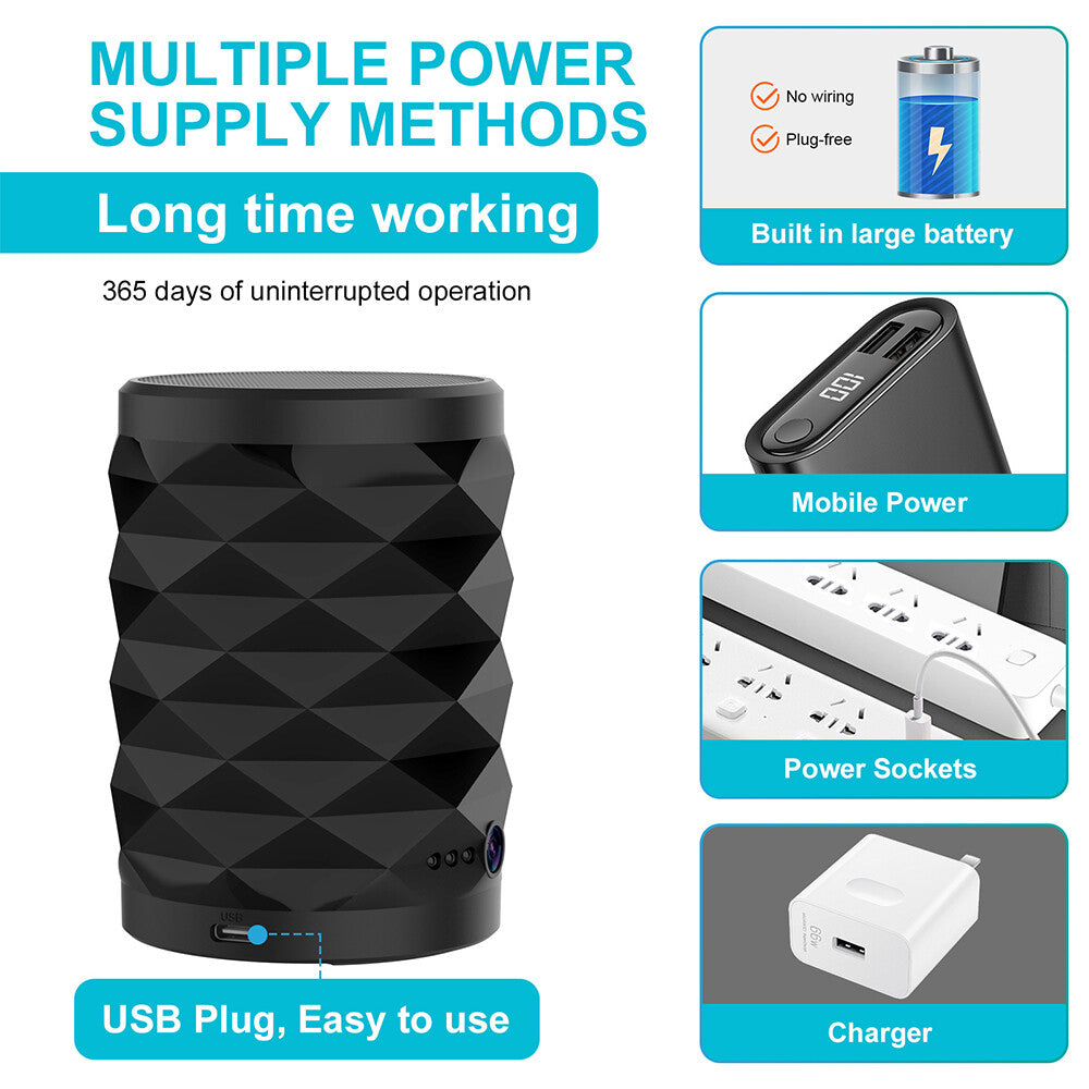 The Bluetooth Speaker SpyCam, a black cylindrical device with a diamond pattern, offers covert home monitoring and operates for 365 days on battery, mobile power, sockets, or USB charger for continuous 24/7 security.