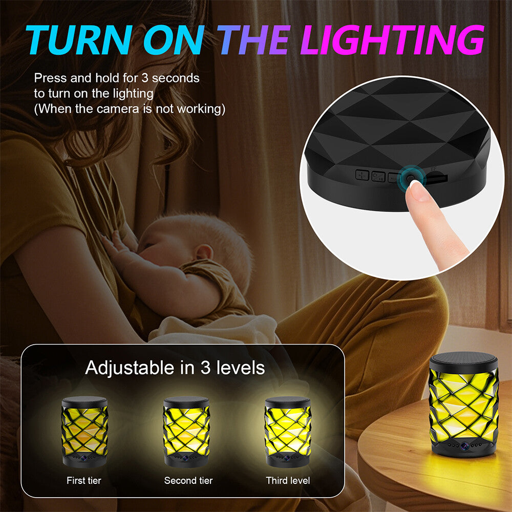 A person holds a baby while instructions show how to turn on and adjust the brightness of the Bluetooth Speaker SpyCam, a decorative lamp offering three lighting levels and 24/7 covert home monitoring.