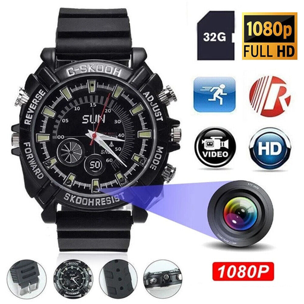 Stylish Watch SpyCam—your discreet surveillance device with hidden camera, 1080P full HD video recording, 32GB storage, and clearly labeled function buttons shown with product icons.