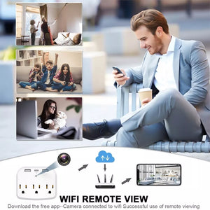 A man in a suit relaxes on a bench with his smartphone and coffee, utilizing the WiFi remote view of the US Outlet SpyCam. Three inset images display a family, a woman walking her dog, and a child carrying a backpack, all recorded in HD quality. The accompanying text emphasizes the device's superior motion detection capabilities.