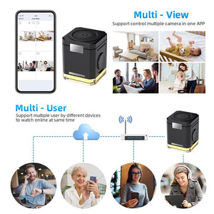 The image displays a sleek smartphone app interface with the Universal Charger Night Light SpyCam, featuring multi-view for numerous cameras and smooth multi-user support across devices.