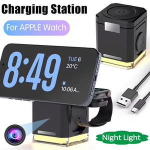 The Universal Charger Night Light SpyCam is a multi-functional charging station for Apple Watch and phone, featuring a night light, discreet SpyCam, USB cable, and a display showing time and date.