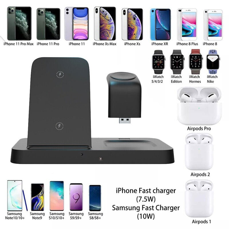Universal Charging Station SpyCam with multiple slots for iPhones, Samsung phones, AirPods, and Apple Watches. Device compatibility images elegantly displayed around the dock.