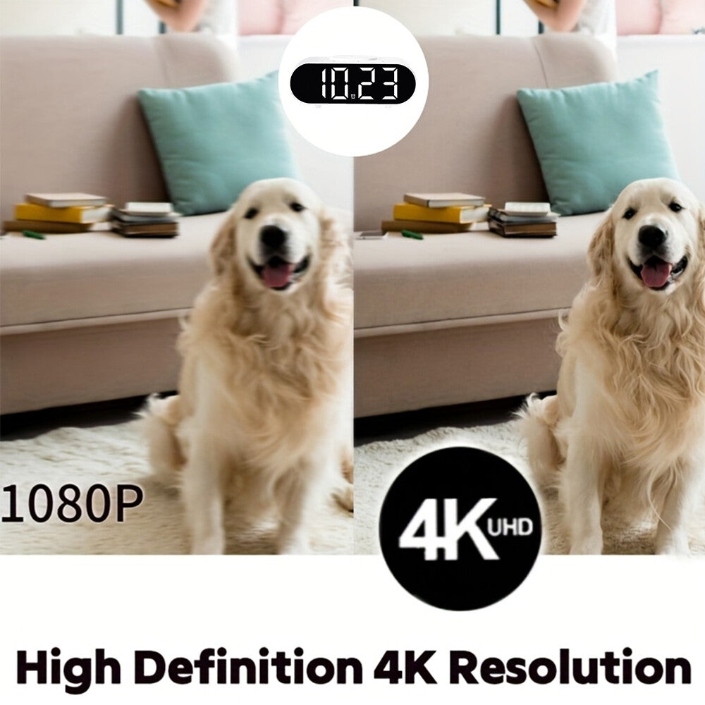 Side-by-side comparison shows a dog and couch: the left "1080P" is blurry, while the right "4K UHD" is crisp—displaying how the Digital Clock Charger SpyCam captures WiFi Surveillance footage in stunning 4K detail.