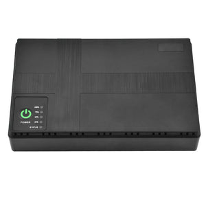 The Portable UPS for WiFi Router, featuring a 10400mAh capacity and a sleek black design, comes with a control panel on the left side that includes a power button and status indicators, making it perfect for delivering uninterrupted power to your WiFi router.