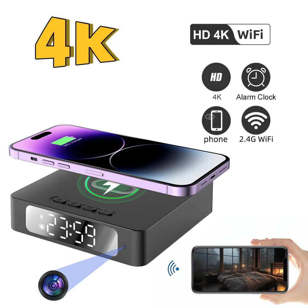 The Wireless Charger Clock SpyCam offers wireless phone charging, a hidden 4K HD WiFi spy camera with motion detection, and live monitoring—shown with a smartphone on top and the camera feed displayed on another device.