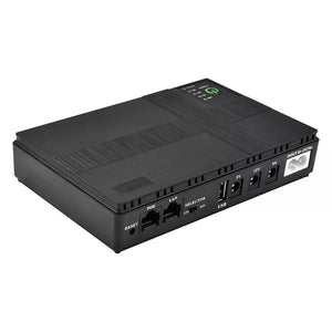 Sleek black Portable UPS for WiFi Router featuring multiple input/output ports such as LAN, USB, and a power socket. Equipped with clearly labeled buttons for power and voltage, along with indicator lights on top. This 10400mAh Portable UPS ensures consistent power backup for your WiFi router during outages.