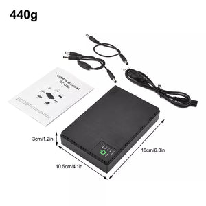 Image showing a Portable UPS for WiFi Router in black, boasting a 10400mAh capacity and featuring an LED indicator light. The device measures 16cm x 10.5cm x 3cm and comes with a user manual and three connecting cables. This WiFi Router Power Backup weighs 440g.