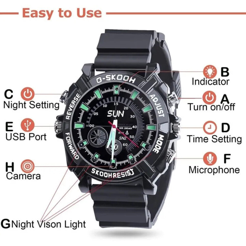 The Stylish Watch SpyCam is a sleek black digital wristwatch with labeled features: night setting, power, time, night vision light, USB port, camera, microphone, and indicator—your 1080P surveillance device and fashion accessory in one.