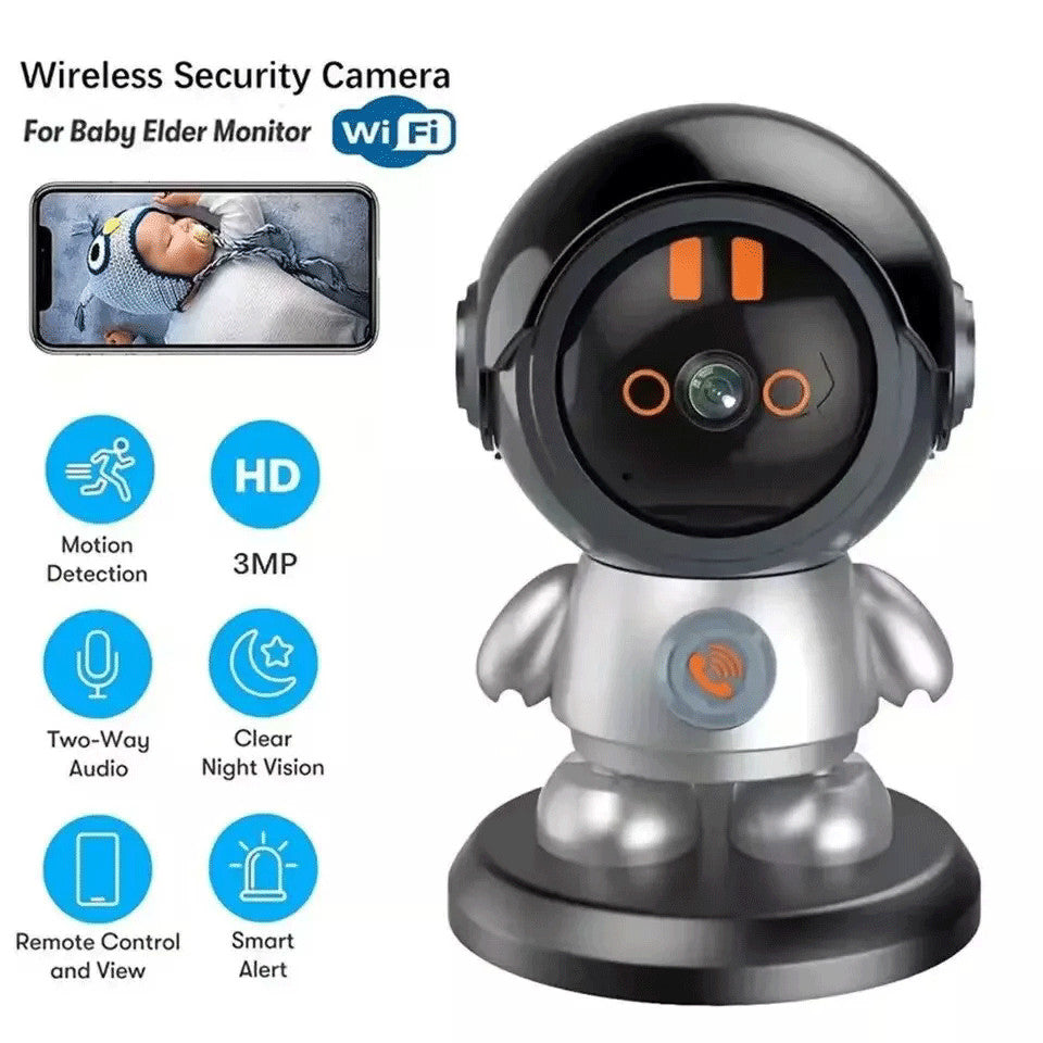 The Mini Robot SpyCam is a wireless robot-shaped home security camera with HD 3MP, AI auto-tracking, motion detection, two-way audio, night vision, remote control, and smart alerts.