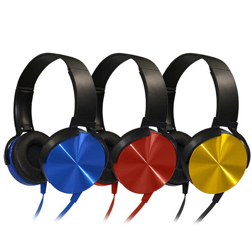 Three pairs of Wired Bass Headphones are displayed side by side, showcasing metallic blue, red, and yellow ear cups with black headbands and matching cables for enhanced studio-quality sound.