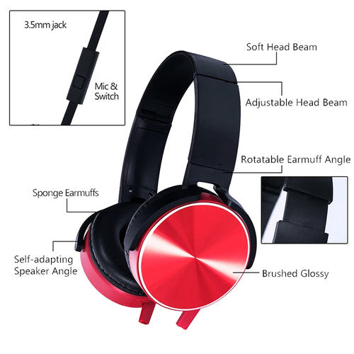 The Wired Bass Headphone in black and red features an ergonomic design, labeled 3.5mm jack, mic switch, adjustable head beam, rotatable earmuffs, and sponge ear pads for studio-quality sound.