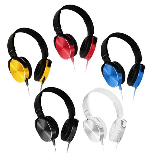Five pairs of Wired Bass Headphones are shown, each in a unique color—yellow, red, blue, black, and white—with metallic ear cups and an ergonomic design for comfortable all-day wear.