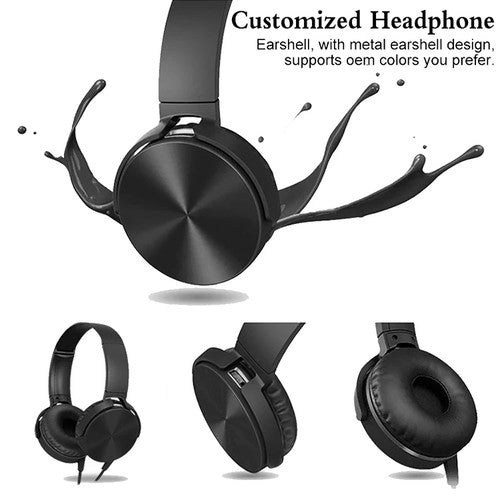 The Wired Bass Headphone is shown in black with round, metallic earcups and an ergonomic, over-ear design; displayed from multiple angles and promoted as customizable with optional color choices.