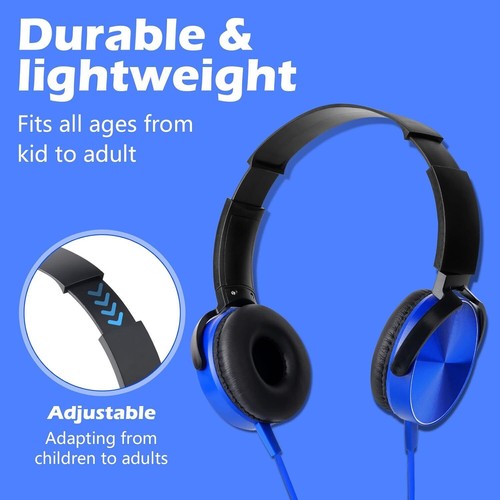 The Wired Bass Headphone in blue and black features an ergonomic design for durability, lightweight comfort, and studio-quality sound—ideal for all ages, from kids to adults.
