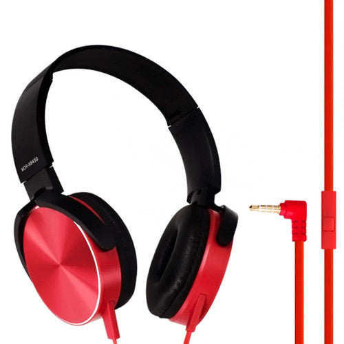Wired Bass Headphone features an ergonomic over-ear design with black padding, a red cable with inline control, and a right-angle 3.5mm jack for studio-quality sound.