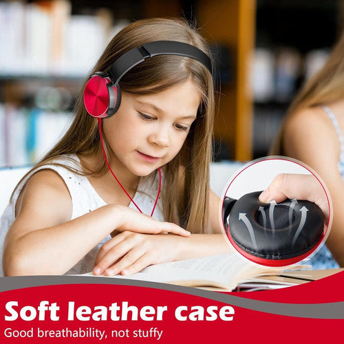 A young girl wearing Wired Bass Headphone with an ergonomic design reads a book. An inset shows a hand pressing the soft, breathable leather ear cushion for comfort.