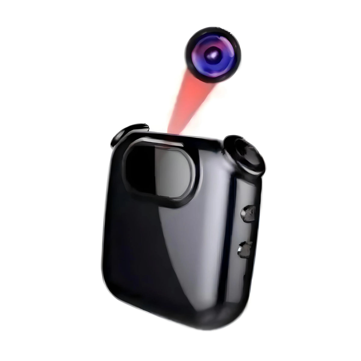 The Smart Necklace SpyCam is a compact, glossy black device featuring three circular lenses and two side buttons, enhanced by a lens flare effect, making it an ideal discreet wearable technology for surveillance.