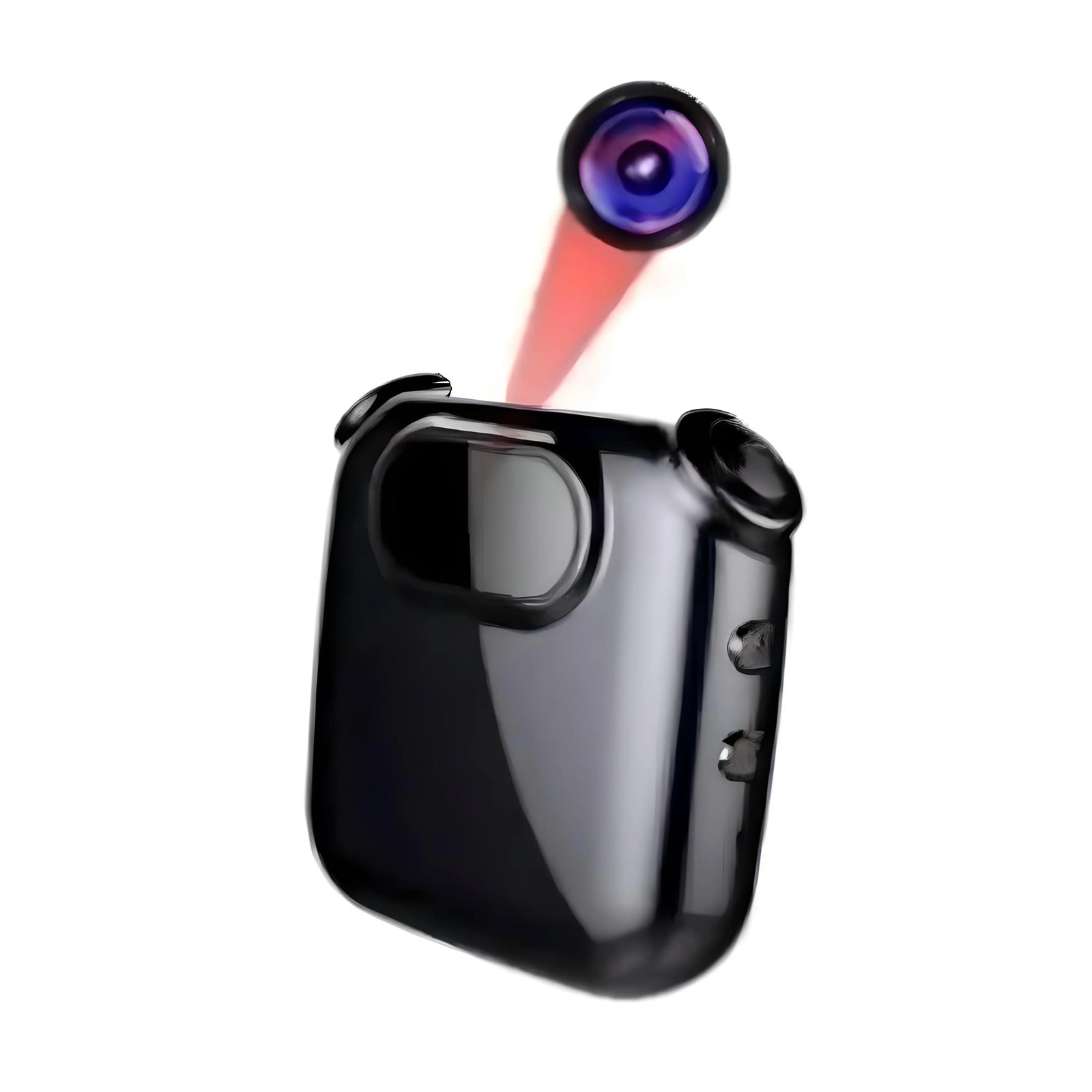 The Smart Necklace SpyCam is a compact, glossy black device featuring three circular lenses and two side buttons, enhanced by a lens flare effect, making it an ideal discreet wearable technology for surveillance.