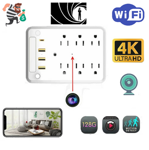 Universal US Outlet SpyCam with six US sockets, USB ports, Type-C, and a discreet center pinhole camera lens