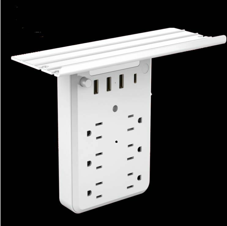 White Universal US Outlet SpyCam showing six sockets, USB and Type-C ports, top shelf, and microSD card slot