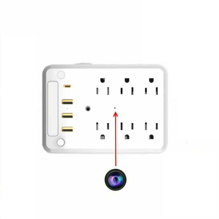 Close-up of Universal US Outlet SpyCam highlighting the hidden pinhole camera between the six power sockets
