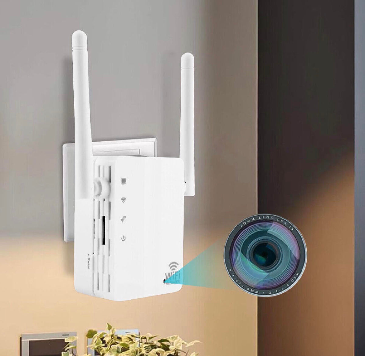 A white SpyCam WiFi Repeater with two antennas is plugged into a wall outlet; a graphic overlay displays a camera lens and WiFi symbol, hinting at its hidden camera functionality.