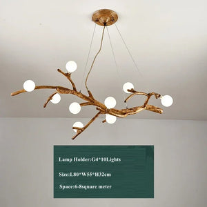 The Branch Pendant Light features a tree branch design with glass orb shades, uses G4*10 lights, measures 80x55x32 cm, and is ideal for a 6-8 square meter space—perfect for those seeking organic modern lighting solutions.