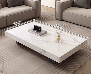The Modern Luxe Coffee Table is a rectangular white marble piece measuring 120cm by 60cm, ideal for placing between beige sofas on a patterned rug with minimal decor—perfect for modern interiors.