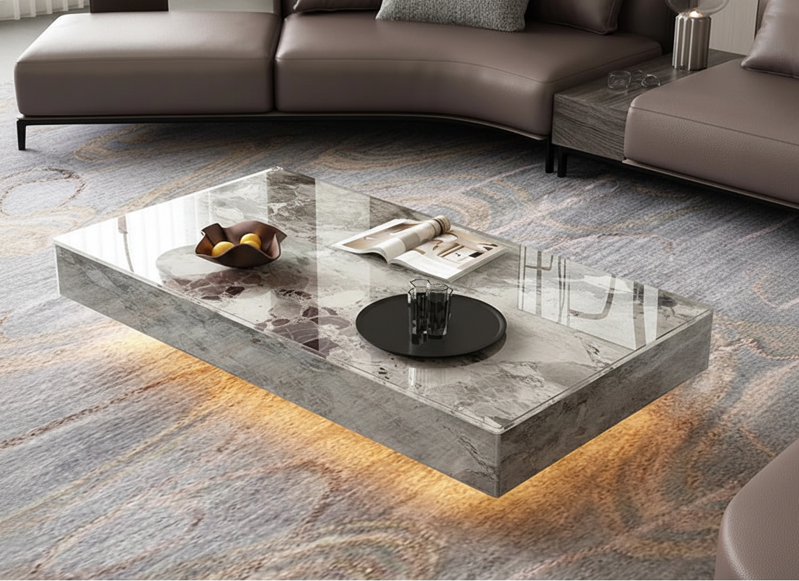 The Modern Luxe Coffee Table, rectangular and underlit, sits in front of a brown sofa on a patterned rug, styled with a glass of water, magazines, and a decorative fruit bowl—ideal for modern interiors.