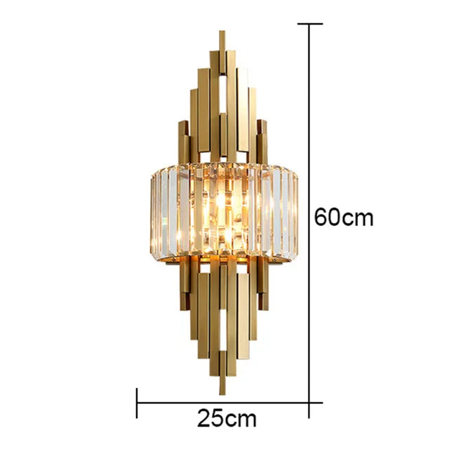 The Luxury Geometric Wall Sconce features an Art Deco-inspired design with gold and crystal elements, measuring 60cm in height and 25cm in width, making it ideal for adding a touch of elegant home decor.