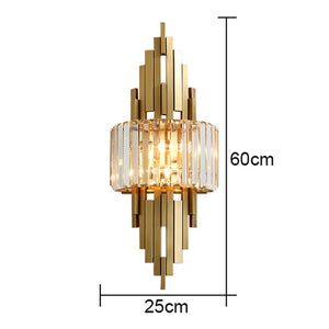 The Luxury Geometric Wall Sconce features an Art Deco-inspired design with gold and crystal elements, measuring 60cm in height and 25cm in width, making it ideal for adding a touch of elegant home decor.