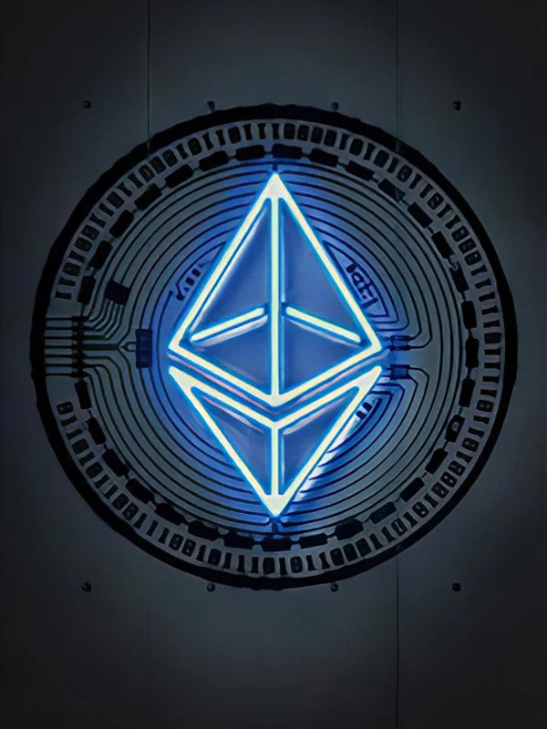 Introducing the Frameless Ethereum Print—this vibrant blue neon wall art features a glowing Ethereum logo centered against a dark, circular backdrop adorned with circuit-inspired patterns and binary digits. Perfect for any space, this striking print is an ideal choice for crypto enthusiasts looking to add modern style to their décor.