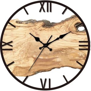 The Wood Circle Wall Clock, with its rustic style and Roman numerals, elegantly adorns the wall, featuring a classic wood grain background enhanced by sleek black hands.