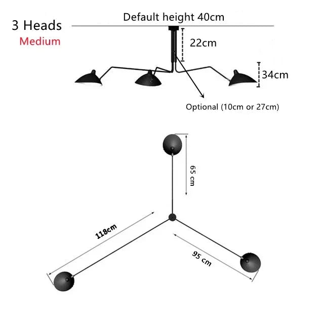 Diagram of the Sleek Industrial Pendant Light showcasing a three-headed design with dome-shaped shades, including measurements: default height 40cm, individual head dimensions, arm lengths 118cm and 95cm, and sophisticated brass connection points.