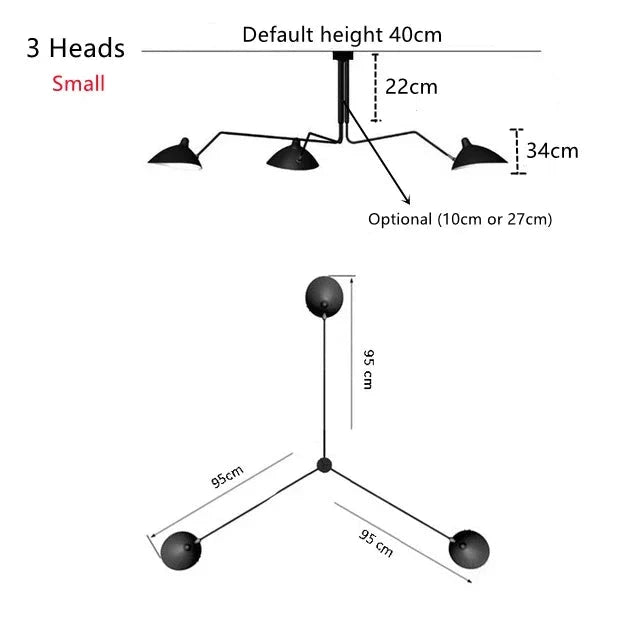 The Sleek Industrial Pendant Light diagram shows a three-headed ceiling fixture with brass connectors. The default height is 40 cm, with arms extending to 95 cm and dome shades. Optional heights are 10 cm or 27 cm; arm height is 22 cm, and lampshade height is 34 cm.