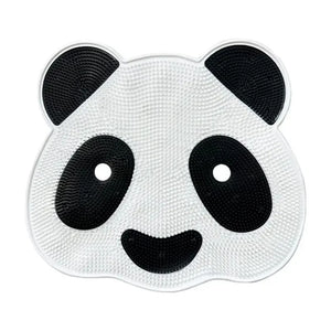 The Panda Shower Massage Mat has a panda shape with black ears, eyes, and a smiling mouth on a white background. It is designed to enhance circulation and provide a soothing foot massage.