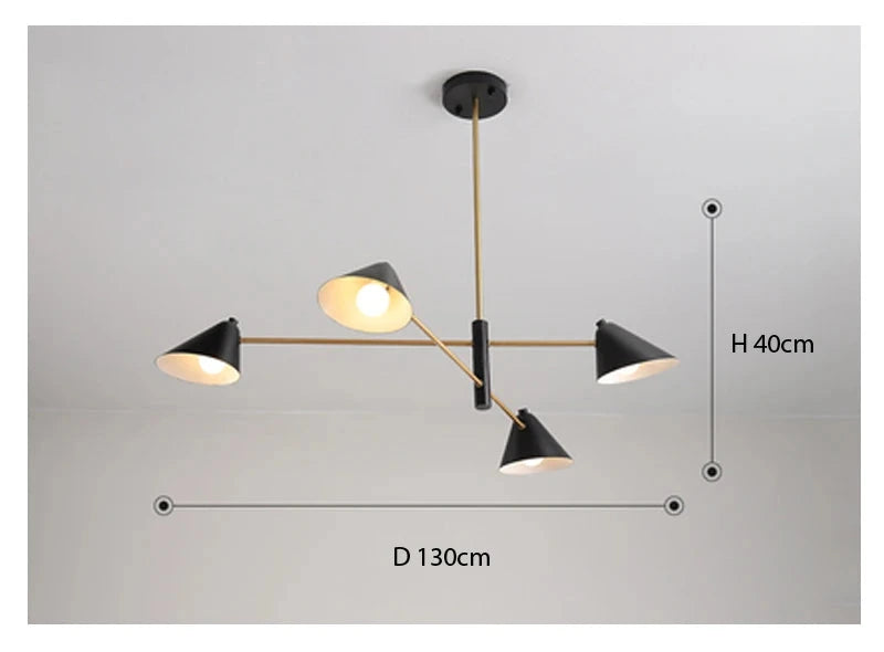 This modern Multi-Arm Ceiling Light features a black and gold pendant design with four cone-shaped shades on a brass frame, measuring 130cm wide and 40cm high.