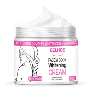 A 50g container of Skin Lightening Cream by Eelhoe, containing collagen and milk ingredients, is marketed as a face and body whitening cream that can whiten and hydrate skin within 3 days. The label features an illustration of a woman.