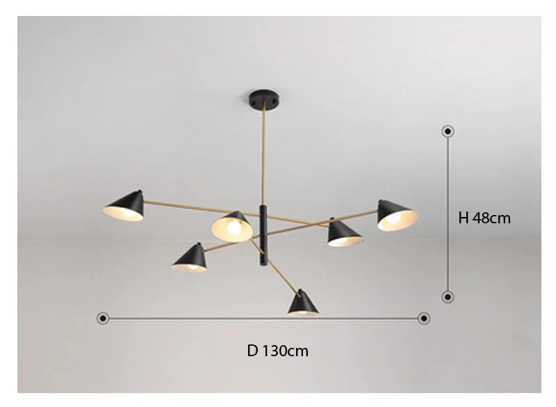 The Multi-Arm Ceiling Light is a modern black and gold pendant chandelier with six cone-shaped shades, featuring sleek gold arms that create a striking contrast. With dimensions of 130cm in diameter and 48cm in height, it exemplifies contemporary style in ceiling lighting.