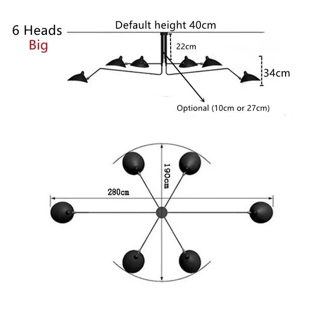The diagram showcases the Sleek Industrial Pendant Light, a six-headed ceiling fixture. It has a default height of 40cm and options of 10cm or 27cm. Width is 90cm, span is 280cm, each head measures 34cm tall with a 22cm gap between them, and features brass connection points for added elegance.