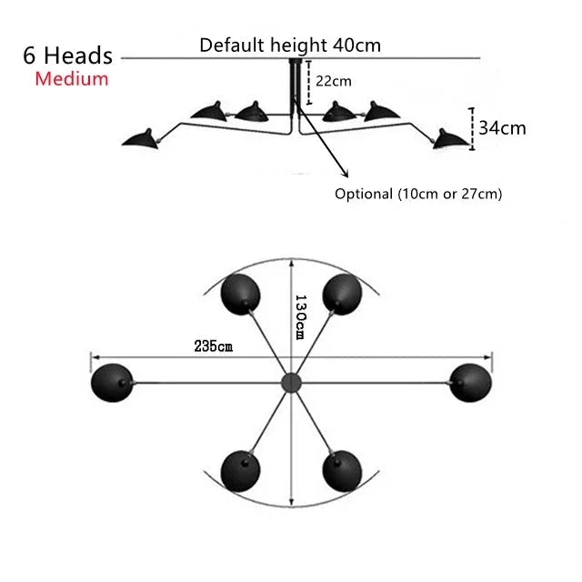 The Sleek Industrial Pendant Light features a top view diagram showing six heads with brass connections, a 235cm diameter, and a side view showing an adjustable height from the default 40cm to options of 34cm, 10cm, or 27cm. Perfect for those desiring versatile pendant lighting.