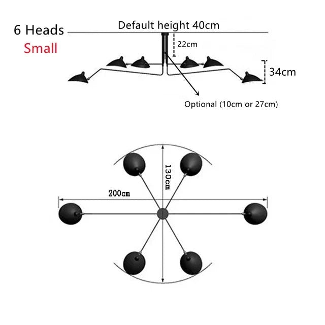 Diagram displays the Sleek Industrial Pendant Light, a 6-head ceiling fixture with dome-shaped shades and brass accents. It has a default height of 40cm, optional heights of 10cm or 27cm, width of 130cm, with head spacings at 22cm and 34cm.