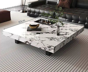 The Modern Luxe Coffee Table, sized 80x80 cm, sits on a striped rug with a plant and books on top, placed before a black sofa—ideal for modern interiors.