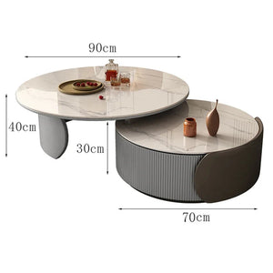 The Luxe Round Coffee Table set includes two round nesting tables with sintered stone tops, in different heights (40cm & 30cm) and diameters (90cm & 70cm)—a stylish choice for any living room.