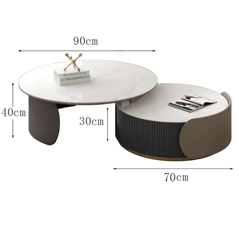 The Luxe Round Coffee Table set features two nesting tables—one 90x40 cm and one 70x30 cm—perfect for displaying books and decor items.
