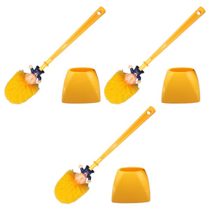 Three yellow Trump Tidy Toilet Brushes, each with a novelty caricature handle and matching yellow holder, are arranged on a white background. Add humor to your bathroom with this quirky accessory.
