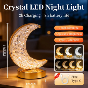 Introducing the Crystal Table Lamp—a crescent moon-shaped crystal LED night light on a round base. This stylish bedside lamp offers touch dimming, adjustable brightness, convenient type-C charging, and includes a free cable. With dimensions of 185mm in height and 125mm in width, it’s the perfect elegant accent for any room.