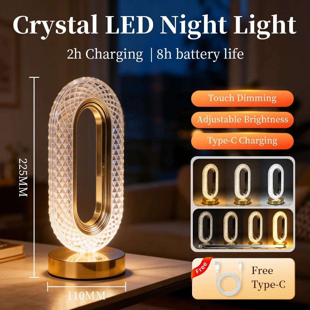 Crystal Table Lamp: The Crystal Table Lamp is an elegant oval-shaped LED night light with a stylish gold base, standing 225mm tall—ideal for use as a bedside lamp. It features touch controls with adjustable brightness and dimming. With built-in Type-C charging, it fully charges in just 2 hours and provides up to 8 hours of battery life; a Type-C cable is included for your convenience.