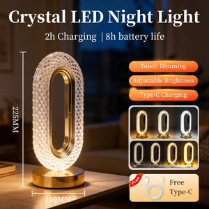 Crystal Table Lamp: The Crystal Table Lamp is an elegant oval-shaped LED night light with a stylish gold base, standing 225mm tall—ideal for use as a bedside lamp. It features touch controls with adjustable brightness and dimming. With built-in Type-C charging, it fully charges in just 2 hours and provides up to 8 hours of battery life; a Type-C cable is included for your convenience.